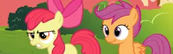Size: 3152x990 | Tagged: safe, composite screencap, derpibooru import, edit, edited screencap, screencap, apple bloom, scootaloo, earth pony, pegasus, pony, twilight time, angry, female, filly, foal, g4, image, png