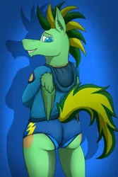 Size: 4000x6000 | Tagged: suggestive, artist:tacomytaco, derpibooru import, oc, oc:taco.m.tacoson, unofficial characters only, anthro, pegasus, booty shorts, briefs, clothes, gradient background, hoodie, image, looking at you, looking back, looking back at you, male, natural wedgie, png, shorts, solo, solo male, standing, underwear, wedgie