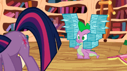 Size: 1920x1080 | Tagged: safe, derpibooru import, edit, edited screencap, screencap, spike, twilight sparkle, dragon, pony, unicorn, the crystal empire, animated, book, butt shake, eyes on the prize, female, g4, gif, golden oaks library, horn, image, library, loop, mare, unicorn twilight