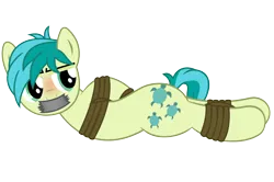 Size: 2300x1528 | Tagged: safe, artist:cardshark777, derpibooru import, sandbar, earth pony, pony, blushing, bondage, bound and gagged, digital art, g4, gag, helpless, hooves behind back, image, lidded eyes, looking back, lying down, male, malesub, png, rope, rope bondage, solo, submissive, tail, tape, tape gag, tied up, two toned mane, two toned tail, wip