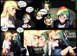 Size: 2076x1502 | Tagged: suggestive, ai content, derpibooru import, machine learning generated, prompter:hqdmusthave, applejack, rainbow dash, human, equestria girls, rainbow rocks, appledash, biker jacket, blushing, boots, breasts, butt, clothes, comic, cowboy boots, cowboy hat, cutie mark, cyrillic, denim, dialogue, female, g4, hat, image, jacket, jeans, kiss on the lips, kissing, leather, leather jacket, lesbian, love, panties, pants, png, russian, russian meme, see-through, shipping, shoes, skirt, spikes, stupid sexy applejack, stupid sexy rainbow dash, talking about sex, tight jeans, underwear, upskirt