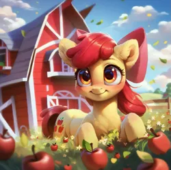Size: 925x920 | Tagged: safe, ai content, derpibooru import, machine learning assisted, machine learning generated, stable diffusion, apple bloom, earth pony, pony, apple, beautiful, big eyes, blushing, bow, cloud, cute, detailed, detailed hair, ear fluff, farm, flower, fluffy, food, g4, generator:purplesmart.ai, grass, image, leaf, looking at you, orange eyes, png, prompter:saltyvity, red hair, sky, smiling, smiling at you, solo
