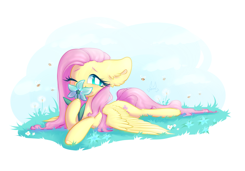 Size: 2003x1400 | Tagged: safe, artist:persikulka, derpibooru import, fluttershy, bee, insect, pegasus, pony, cute, flower, g4, image, looking at you, lying down, one eye closed, png, solo, spread wings, wings