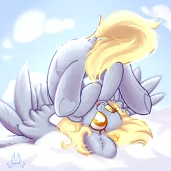Size: 1000x1000 | Tagged: safe, artist:persikulka, artist:persikulkahouse, derpibooru import, derpy hooves, pegasus, pony, friendship is magic, :3, :p, bleh, butt, chest fluff, cloud, cross-eyed, cute, derpabetes, dock, ear fluff, female, fluffy, g4, hoof heart, image, mare, on a cloud, pillow shading, playing with hair, plot, png, signature, sky, smiling, solo, spread wings, tail, tongue out, underhoof, upside down, wings