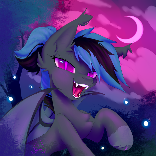 Size: 2048x2048 | Tagged: safe, artist:persikulka, artist:persikulkahouse, artist:squirrel_hollow, derpibooru import, oc, unofficial characters only, bat pony, firefly (insect), insect, pony, bat ears, bat pony oc, bat wings, chest fluff, crescent moon, ear fluff, fangs, high res, image, looking at you, moon, night, night sky, open mouth, outdoors, png, sky, slit pupils, solo, wings