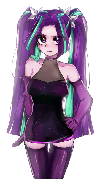 Size: 1650x2857 | Tagged: safe, artist:pulse, derpibooru import, aria blaze, human, equestria girls, choker, clothes, dress, evening gloves, eyeshadow, g4, gloves, hand on hip, image, latex, latex stockings, long gloves, looking at you, makeup, png, raised eyebrow, simple background, solo, stockings, thigh highs, white background