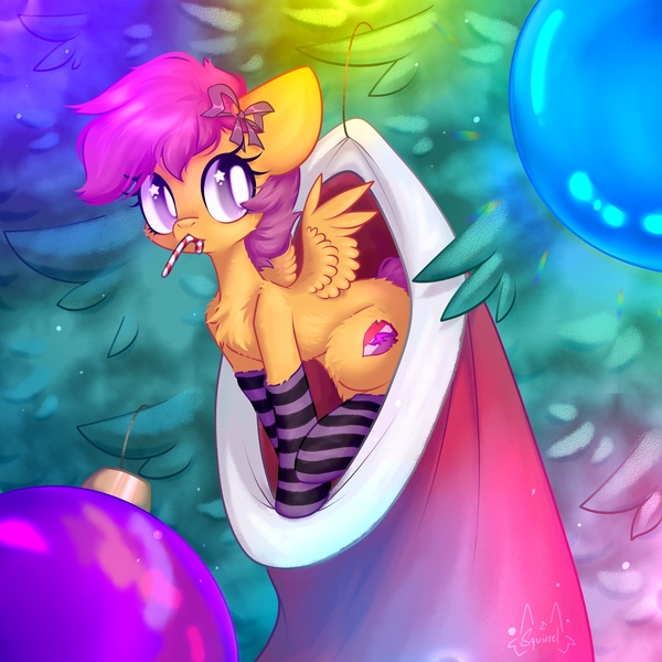Size: 2003x2003 | Tagged: safe, artist:persikulkahouse, derpibooru import, scootaloo, pegasus, pony, candy, candy cane, chest fluff, christmas, christmas stocking, christmas tree, clothes, cute, cutealoo, cutie mark, female, fluffy, food, g4, high res, holiday, image, jpeg, looking at you, mouth hold, socks, solo, spread wings, starry eyes, striped socks, the cmc's cutie marks, tiny, tiny ponies, tree, wingding eyes, wings