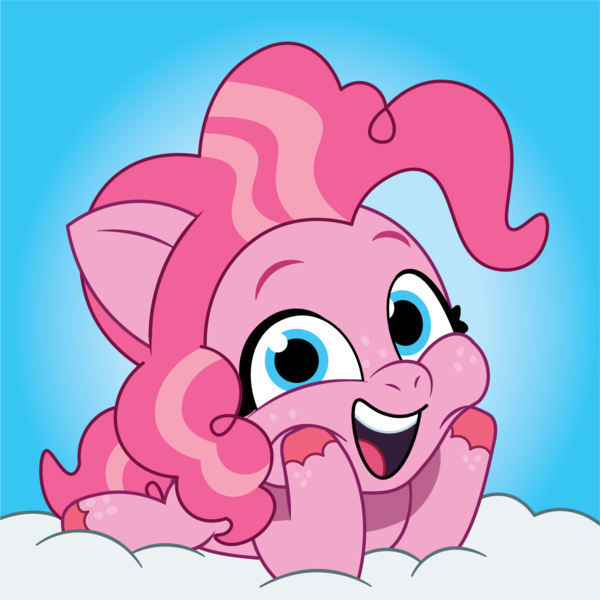 Size: 1322x1322 | Tagged: safe, artist:prixy05, derpibooru import, pinkie pie, earth pony, pony, g5, my little pony: tell your tale, blue background, cute, diapinkes, female, filly, filly pinkie pie, foal, g4, g4 to g5, generation leap, happy, image, looking at you, lying down, open mouth, open smile, png, prone, simple background, smiling, smiling at you, solo, weapons-grade cute, younger