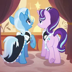 Size: 4096x4096 | Tagged: safe, ai content, anonymous prompter, derpibooru import, machine learning generated, stable diffusion, starlight glimmer, trixie, pony, unicorn, butt, clothes, curtains, duo, duo female, female, g4, generator:pony diffusion v6 xl, generator:purplesmart.ai, horn, image, maid, mare, open mouth, plot, png, raised hoof, rear view, show accurate, underhoof, upscaled