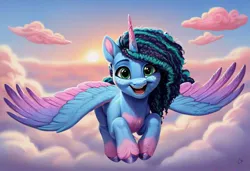 Size: 1216x832 | Tagged: safe, ai content, derpibooru import, machine learning generated, stable diffusion, alicorn, pony, g5, alicornified, cloud, female, flying, freckles, generator:pony diffusion v6 xl, happy, horn, image, jpeg, looking at you, mare, misty brightdawn, mistycorn, prompter:emilia starsong, race swap, sky, smiling, solo, spread wings, unshorn fetlocks, wings