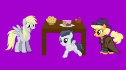 Size: 1080x602 | Tagged: safe, screencap, applejack, derpy hooves, rumble, earth pony, pegasus, pony, series:mlp animation's short films, series:sailors away, apple, cake, female, food, image, jpeg, muffin, trio, trio female