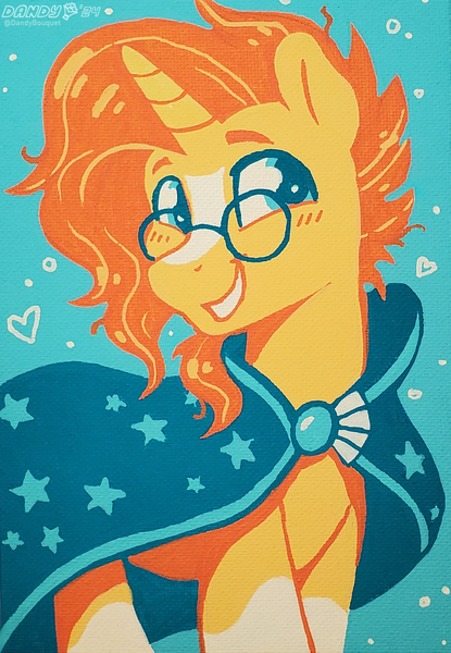 Size: 1245x1800 | Tagged: safe, artist:dandy, derpibooru import, sunburst, pony, unicorn, acrylic painting, beard, blushing, cloak, clothes, coat markings, facial hair, g4, glasses, heart, horn, image, limited palette, looking at you, male, messy mane, png, smiling, socks (coat marking), solo, stallion, traditional art