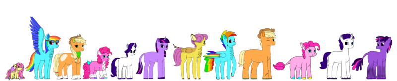 Size: 4876x999 | Tagged: safe, artist:coolgear10, derpibooru import, applejack, fluttershy, pinkie pie, rainbow dash, rarity, twilight sparkle, deer, donkey, earth pony, pegasus, pony, unicorn, alternate design, applejack (male), applejack's hat, bow, bubble berry, butterscotch, chest fluff, closed mouth, clothes, cloven hooves, colored wings, cowboy hat, diverse body types, dusk shine, ear fluff, elusive, feathered fetlocks, feathered wings, female, flower, flower in hair, flutterdeer, g4, glasses, goggles, hat, hoof polish, horn, horseshoes, image, lanky, leonine tail, looking at you, male, mane six, mare, messy mane, multicolored hair, multicolored mane, multicolored wings, one eye closed, petite, petiteshy, png, ponytail, rainbow blitz, rainbow hair, rainbow tail, rainbow wings, rule 63, scar, scarf, simple background, size chart, size comparison, skinny, smiling, smol, smolshy, spread wings, stick in tail, tail, tail bow, tallerdash, tallershy, thin, transparent background, twitterina design, unicorn horn, unicorn twilight, wings, wink