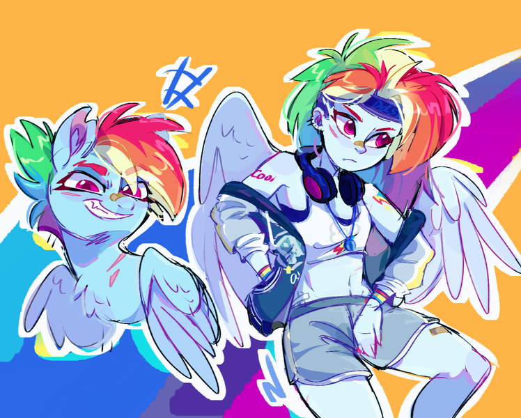 Size: 1346x1080 | Tagged: safe, artist:rr29578979, derpibooru import, rainbow dash, pegasus, pony, equestria girls, bandaid, bandaid on nose, belly button, grin, human ponidox, image, png, self paradox, self ponidox, smiling, tomboy, winged humanization, wings