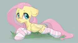 Size: 1280x719 | Tagged: safe, artist:melodylibris, derpibooru import, fluttershy, pegasus, pony, blushing, clothes, cute, female, floppy ears, folded wings, g4, grass, green background, image, jpeg, looking back, lying down, mare, prone, shyabetes, simple background, socks, solo, sploot, striped socks, wings