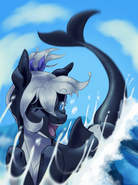 Size: 1500x2000 | Tagged: safe, artist:yeejay, derpibooru import, oc, oc:toy joy, orca, orca pony, original species, pony, blue, image, looking at you, png, sky, solo, water