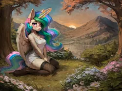 Size: 2048x1536 | Tagged: safe, ai content, derpibooru import, machine learning generated, stable diffusion, princess celestia, alicorn, anthro, unguligrade anthro, bedroom eyes, blushing, chest fluff, closed mouth, clothes, dress, ear fluff, embarrassed, female, flower, flower in hair, fluffy, full body, g4, generator:easyfluff v11.2, high res, horn, image, kneeling, lake, light skin, long hair, looking at you, magic, nature, png, prompter:kalmar, purple eyes, scenery, socks, solo, solo female, spread wings, stockings, sunrise, tail, thigh highs, tree, water, white dress, wings