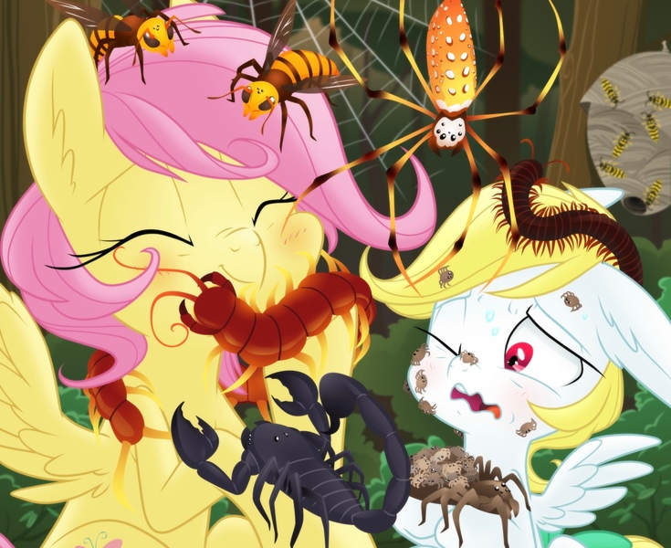 Size: 2000x1632 | Tagged: safe, artist:equestria prevails, ponerpics import, ponybooru import, angel bunny, fluttershy, ponified, arachnid, centipede, hornet, insect, japanese giant hornet, millipede, orb weaver spider, pegasus, pony, scorpion, spider, wasp, wolf spider, yellowjacket, adoracreepy, alternate hairstyle, arachnophobia, arthropod, blushing, creepy, creepy crawlies, cute, do not want, duo, emperor scorpion, entomophilia, entomophobia, eyes closed, fear, female, forest, forest background, hilarious in hindsight, hive, image, jesus christ how horrifying, jpeg, love, male, nightmare fuel, ponified pony pets, shyabetes, species swap, spider web, sweat, that pony sure does love animals, tree, varying degrees of want, wasp nest, wavy mouth, yellow jacket
