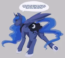 Size: 1225x1100 | Tagged: safe, artist:sumika, princess luna, alicorn, pony, female, gray background, image, implied death, looking at you, looking back, looking back at you, mare, png, raised leg, simple background, solo, underhoof, yandere
