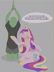 Size: 946x1267 | Tagged: suggestive, artist:sumika, princess cadance, oc, oc:anon, alicorn, pony, bondage, canon x oc, duo, female, floppy ears, gray background, image, looking at each other, mare, png, simple background, yandere