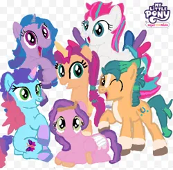 Size: 370x365 | Tagged: artist needed, safe, derpibooru import, applejack, fluttershy, hitch trailblazer, izzy moonbow, pinkie pie, pipp petals, rainbow dash, rarity, sunny starscout, twilight sparkle, zipp storm, alicorn, earth pony, pegasus, unicorn, g5, applejack (g5), base used, colored wings, crown, eyes closed, fluttershy (g5), flying, g4, g5 to g4, generation leap, hooves, horn, image, jewelry, logo, looking at you, mane five, mane six, mane six (g5), misty brightdawn, open mouth, pinkie pie (g5), png, rainbow dash (g5), raised hoof, rarity (g5), regalia, signature, simple background, sitting, smiling, smiling at you, spread wings, twilight sparkle (g5), wings