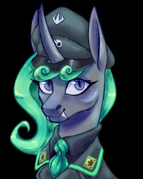 Size: 1024x1280 | Tagged: safe, artist:mr.catfish, derpibooru import, changedling, changeling, equestria at war mod, blue eyes, clothes, equestria rises still (equestria at war submod), fangs, female, green mane, image, jpeg, long ears, looking at you, military uniform, necktie, simple background, smiling, solo, uniform