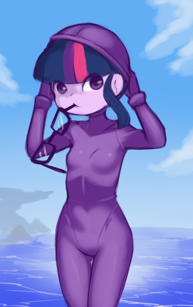 Size: 624x990 | Tagged: safe, artist:drantyno, banned from derpibooru, derpibooru import, sci-twi, twilight sparkle, equestria girls, female, g4, glasses, glasses off, image, lolicon, looking at you, mouth hold, ocean, png, solo, underage, water, wetsuit