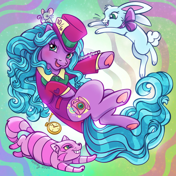 Size: 1800x1800 | Tagged: safe, artist:sparkytopia, derpibooru import, march mischief, cat, earth pony, mouse, pony, rabbit, g3, alice in wonderland, animal, birthday jewel pony, blue hair, clothes, coat, female, glitter, hat, hoof heart, image, jpeg, looking at you, mad hatter, mare, open mouth, open smile, pocket watch, purple coat, raised hoof, smiling, solo, underhoof