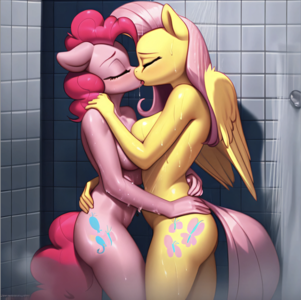 Size: 1412x1406 | Tagged: questionable, ai content, machine learning generated, stable diffusion, fluttershy, pinkie pie, anthro, earth pony, pegasus, blushing, breasts, busty fluttershy, busty pinkie pie, butt touch, caress, embracing, exhibitionism, eyes closed, french kiss, horny, image, in love, kissing, lesbian couple, locker room, moaning, moaning in pleasure, nudity, png, seductive pose, sexy, shower sex, showers, standing, symmetrical docking, wet bodies, wet manes