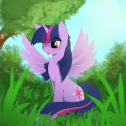 Size: 1800x1800 | Tagged: safe, artist:posionjoke, derpibooru import, twilight sparkle, twilight sparkle (alicorn), alicorn, pony, :p, blushing, cute, eye clipping through hair, female, g4, grass, horn, image, mare, nature, one eye closed, outdoors, png, silly, silly pony, sitting, solo, spread wings, tail, tongue out, tree, twiabetes, wings