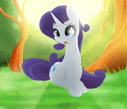 Size: 1920x1647 | Tagged: safe, artist:posionjoke, derpibooru import, rarity, pony, unicorn, crepuscular rays, cute, eyebrows, female, forest, g4, grass, horn, image, mare, nature, open mouth, png, raribetes, sitting, solo, sun, tree