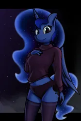 Size: 1440x2160 | Tagged: suggestive, artist:andelai, derpibooru import, princess luna, alicorn, anthro, clothes, female, hips, image, panties, png, simple background, socks, solo, sweater, thigh highs, underwear