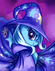 Size: 2550x3300 | Tagged: safe, artist:whitediamonds, derpibooru import, trixie, pony, unicorn, brooch, bust, cape, clothes, female, g4, hat, high res, image, jewelry, looking at you, mare, png, portrait, profile, signature, smiling, smiling at you, solo, trixie's brooch, trixie's cape, trixie's hat