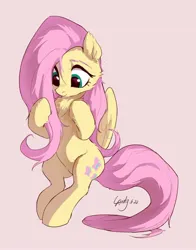 Size: 1442x1836 | Tagged: safe, artist:luciferamon, derpibooru import, fluttershy, pegasus, pony, belly, chest fluff, cute, female, fluffy, g4, image, jpeg, looking at self, mare, shyabetes, signature, simple background, sitting, solo, stray strand, tail, three quarter view, wings
