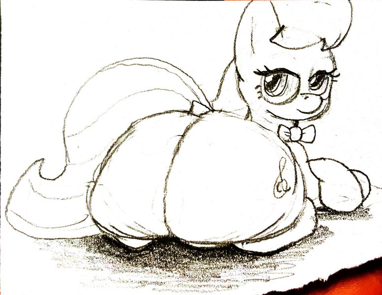 Size: 1707x1319 | Tagged: suggestive, artist:parumpi, octavia melody, earth pony, pony, bedroom eyes, bow, butt, dock, female, image, large butt, looking at you, looking back, looking back at you, mare, plot, png, rear view, sketch, smiling at you, solo, tail, the ass was fat