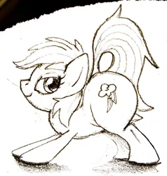 Size: 1390x1461 | Tagged: safe, artist:parumpi, rainbow dash, pegasus, pony, cutie mark, dock, female, image, lidded eyes, looking back, mare, monochrome, png, profile, simple background, sketch, smiling, solo, stretching, tail, the ass was fat, white background, wingless