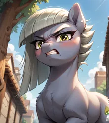 Size: 1808x2048 | Tagged: safe, ai content, derpibooru import, machine learning generated, prompter:ramprover, stable diffusion, limestone pie, earth pony, pony, angry, blushing, chest fluff, cute, ear fluff, female, g4, generator:pony diffusion v6 xl, image, indoors, long eyelashes, looking at you, mare, outdoors, png, prompt in description, solo, teeth