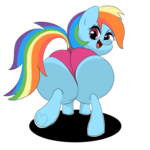 Size: 2100x2100 | Tagged: suggestive, artist:parumpi, rainbow dash, pegasus, pony, bedroom eyes, butt, clothes, female, image, looking at you, looking back, looking back at you, mare, open smile, panties, png, rainbutt dash, raised leg, rear view, simple background, solo, tail, the ass was fat, underhoof, underwear, white background
