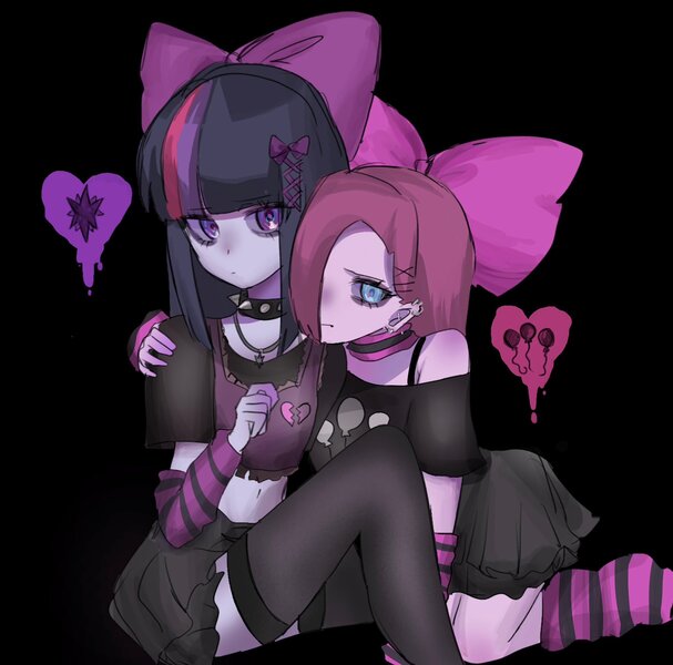 Size: 2048x2024 | Tagged: safe, artist:m09160, derpibooru import, pinkie pie, twilight sparkle, human, equestria girls, arm on shoulder, bow, choker, clothes, duo, duo female, emo, female, g4, goth, hair over one eye, humanized, image, jpeg, lesbian, midriff, shipping, socks, stockings, thigh highs, twinkie