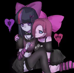 Size: 2048x2024 | Tagged: safe, artist:m09160, derpibooru import, pinkie pie, twilight sparkle, human, equestria girls, arm on shoulder, bow, choker, clothes, duo, duo female, emo, female, g4, goth, hair over one eye, humanized, image, jpeg, lesbian, midriff, shipping, socks, stockings, thigh highs, twinkie