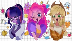 Size: 2048x1160 | Tagged: safe, artist:m09160, derpibooru import, applejack, pinkie pie, sci-twi, twilight sparkle, equestria girls, female, g4, grid, image, jpeg, sticker