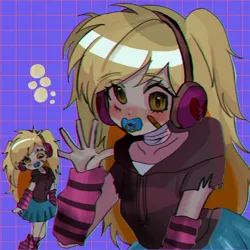 Size: 2048x2048 | Tagged: safe, artist:m09160, derpibooru import, derpy hooves, human, equestria girls, arm warmers, bandage, clothes, g4, grid, headphones, hoodie, humanized, image, jpeg, leg warmers, pacifier, scene, skirt, waving, waving at you