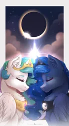 Size: 2850x5175 | Tagged: safe, artist:serenity, derpibooru import, princess celestia, princess luna, alicorn, pony, 2024 solar eclipse, alicorns only, chest fluff, cloud, duo, duo female, eclipse, feathered wings, female, fluffy, g4, image, jewelry, magic, moon, png, regalia, siblings, sisters, sisters being sisters, solar eclipse, sun, wings