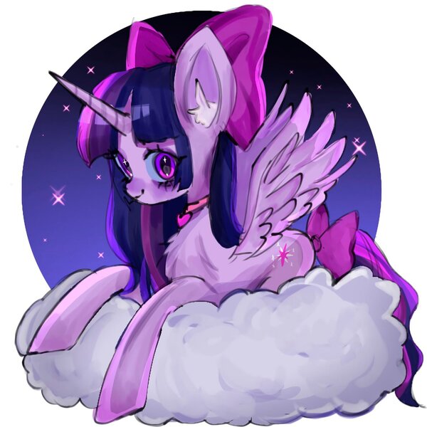 Size: 1493x1493 | Tagged: safe, artist:m09160, derpibooru import, twilight sparkle, twilight sparkle (alicorn), alicorn, bow, cloud, image, jpeg, lying down, lying on a cloud, on a cloud, sky, stars