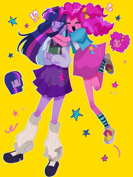 Size: 1536x2048 | Tagged: safe, artist:m09160, derpibooru import, pinkie pie, twilight sparkle, equestria girls, book, clothes, female, g4, hug, hug from behind, image, jpeg, leg warmers, lesbian, shipping, simple background, surprise hug, surprised, twinkie, yellow background