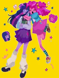 Size: 1536x2048 | Tagged: safe, artist:m09160, derpibooru import, pinkie pie, twilight sparkle, equestria girls, book, clothes, female, g4, hug, hug from behind, image, jpeg, leg warmers, lesbian, ship:twinkie, shipping, simple background, surprise hug, surprised, yellow background