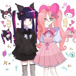 Size: 2048x2048 | Tagged: safe, artist:m09160, derpibooru import, fluttershy, twilight sparkle, human, animal ears, bow, clothes, dress, fishnet pantyhose, humanized, image, jpeg, kuromi, lolita fashion, my melody, pigtails, sanrio, simple background, socks, stockings, thigh highs, white background