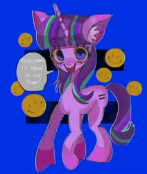 Size: 1513x1783 | Tagged: safe, artist:m09160, derpibooru import, starlight glimmer, unicorn, blue background, dialogue, equal cutie mark, equal sign, horn, image, jpeg, simple background, smiley face, speech bubble