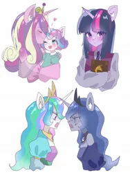 Size: 1536x2048 | Tagged: safe, artist:m09160, derpibooru import, princess cadance, princess celestia, princess flurry heart, princess luna, twilight sparkle, human, equestria girls, argument, book, eared humanization, female, forehead kiss, g4, humanized, image, jewelry, jpeg, kissing, mother and child, mother and daughter, siblings, simple background, sisters, tiara, white background