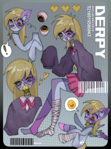 Size: 1536x2048 | Tagged: semi-grimdark, artist:m09160, derpibooru import, derpy hooves, undead, zombie, equestria girls, bandage, barcode, clothes, food, g4, image, jpeg, muffin, stitches, sweater